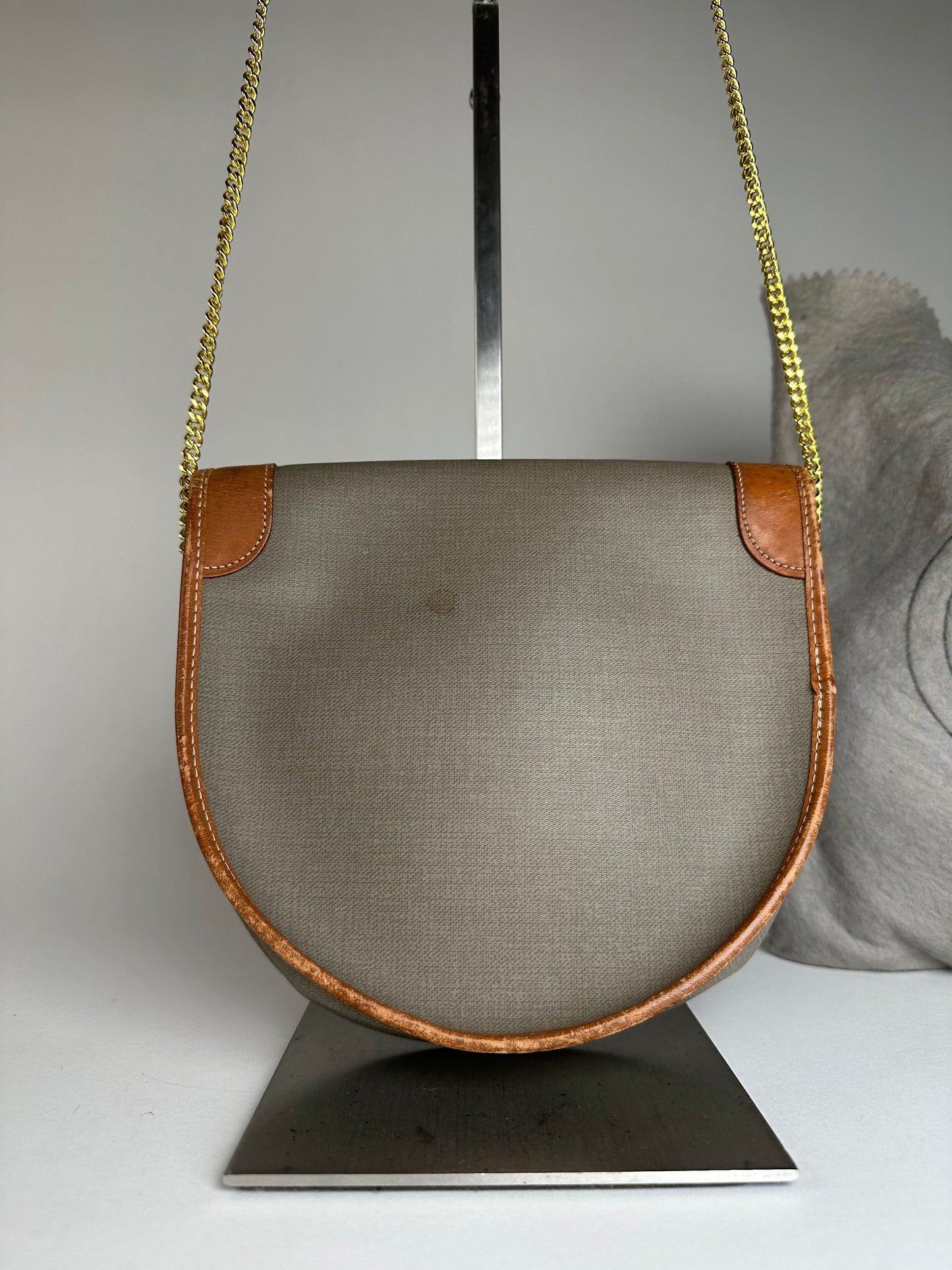 Vintage Dior Leather Canvas Shoulder Bag Grey Brown