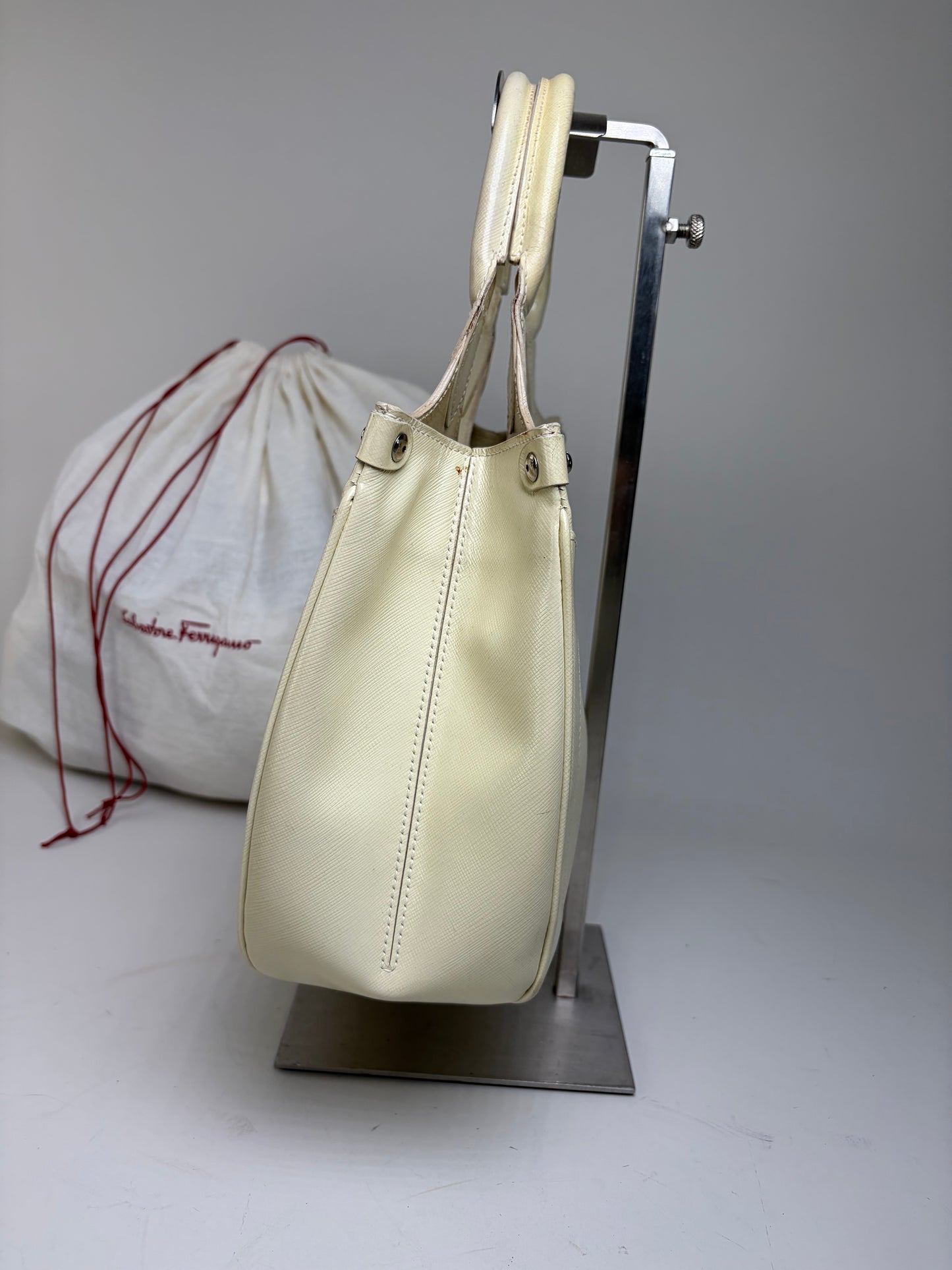 Vintage Ferragamo Saffiano Leather Tote Cream Silver