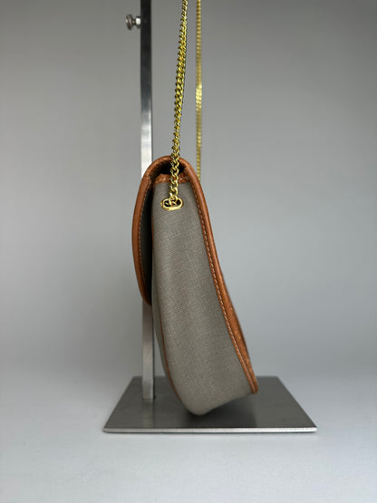 Vintage Dior Leather Canvas Shoulder Bag Grey Brown