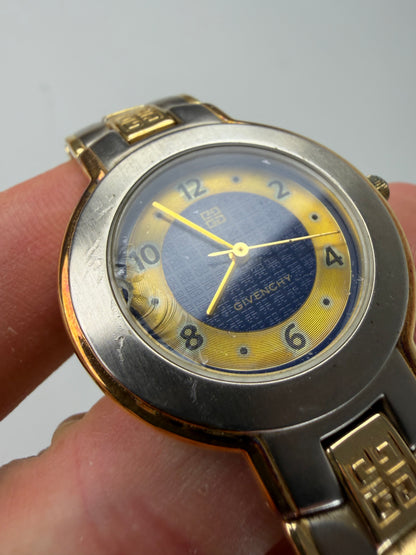 Vintage Givenchy Stainless Steel Bracelet Watch Gold Blue
