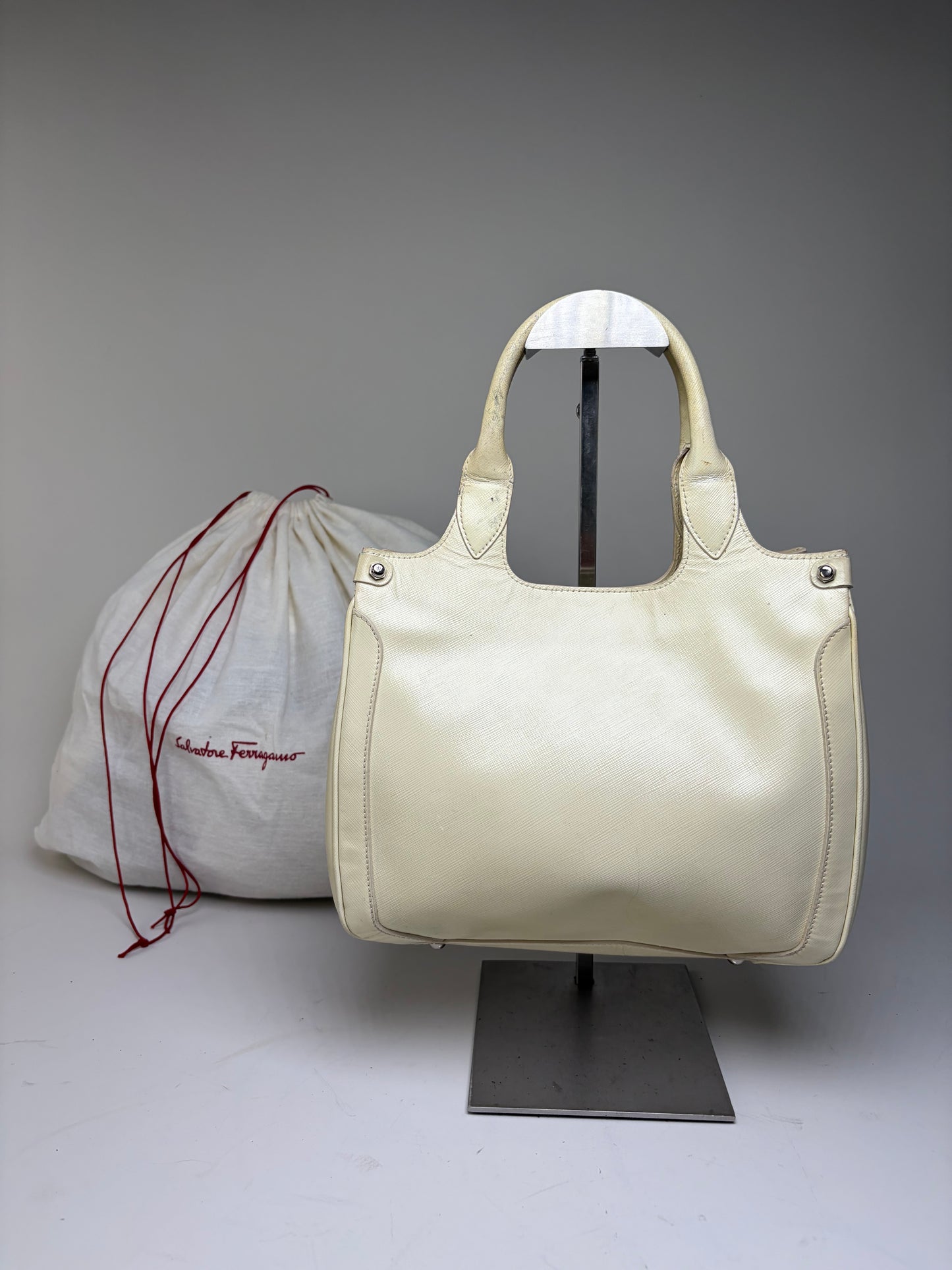 Vintage Ferragamo Saffiano Leather Tote Cream Silver