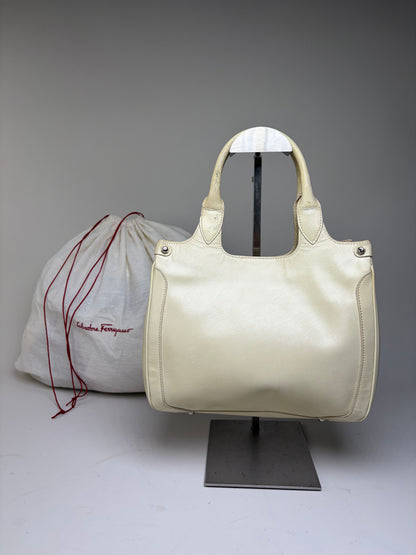 Vintage Ferragamo Saffiano Leather Tote Cream Silver