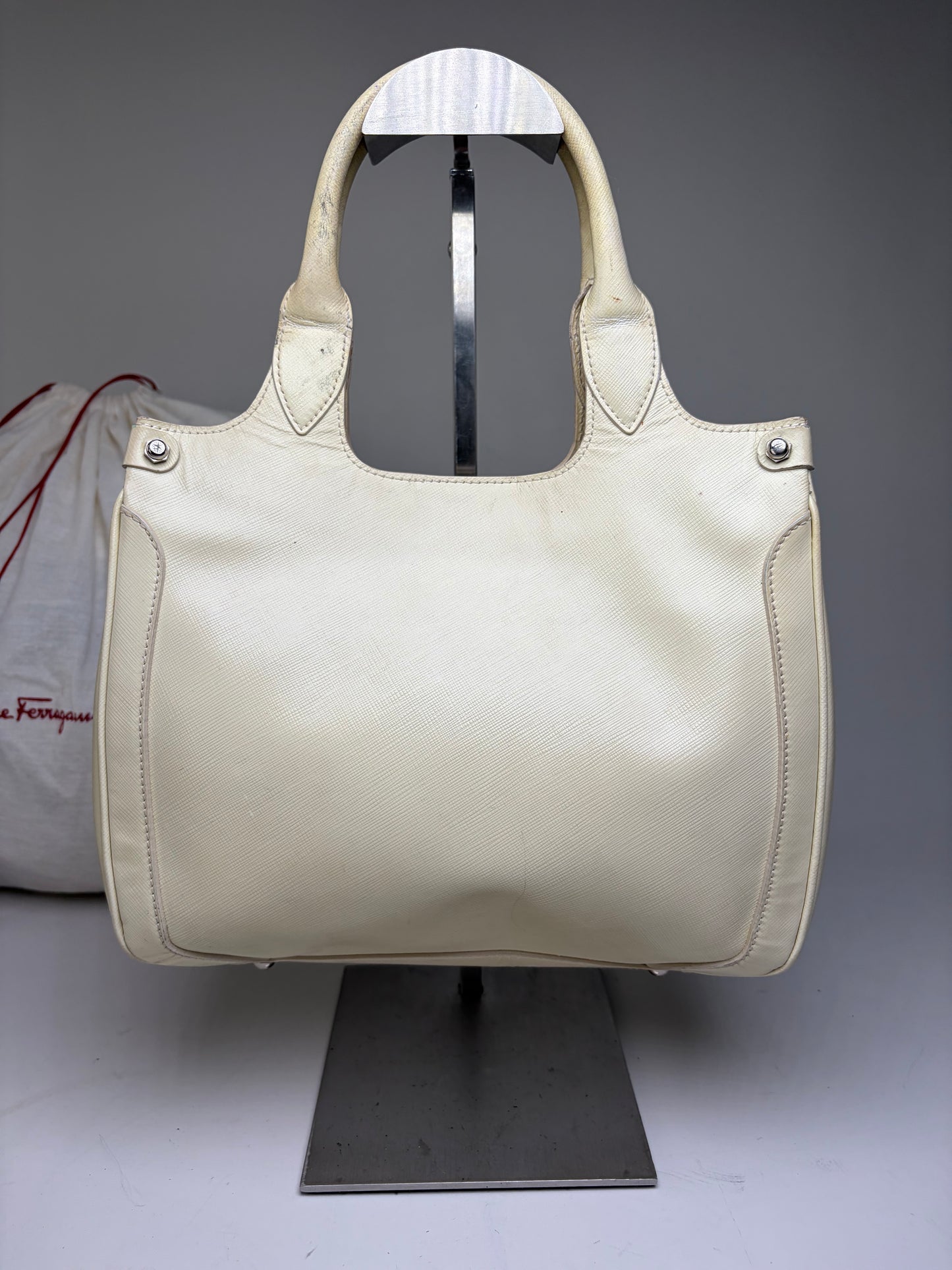 Vintage Ferragamo Saffiano Leather Tote Cream Silver