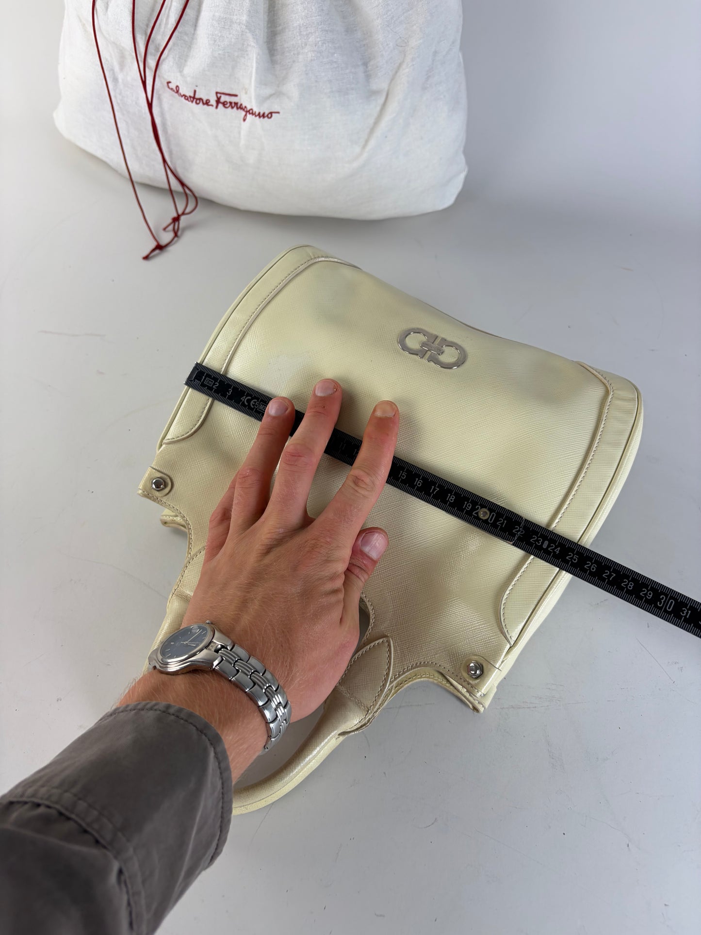 Vintage Ferragamo Saffiano Leather Tote Cream Silver