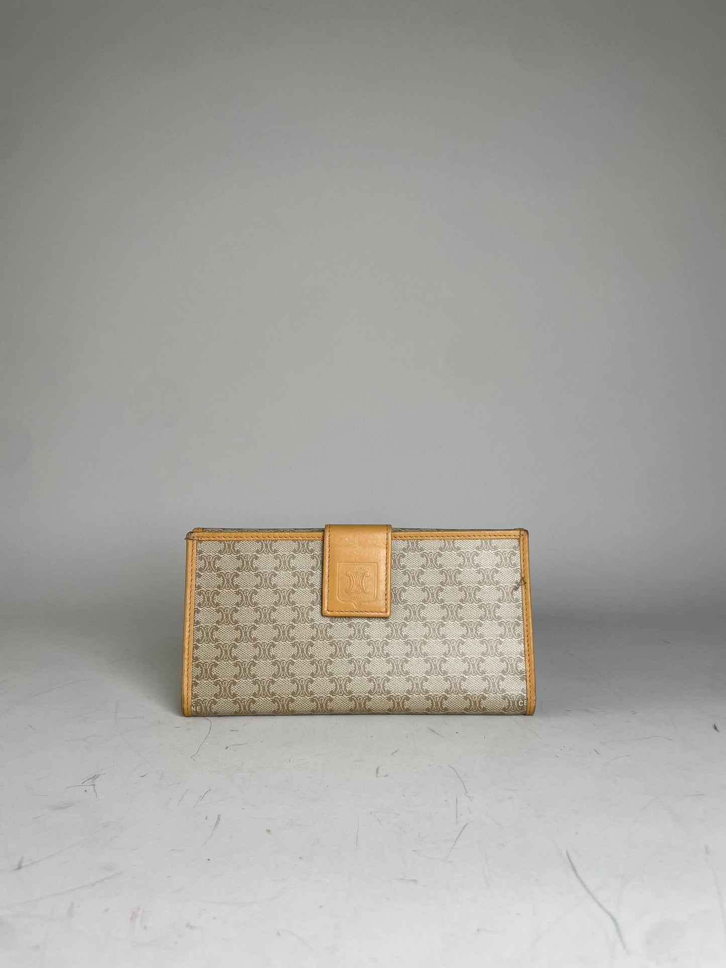 Vintage Celine Canvas Leather Trim Wallet Beige Orange Gold