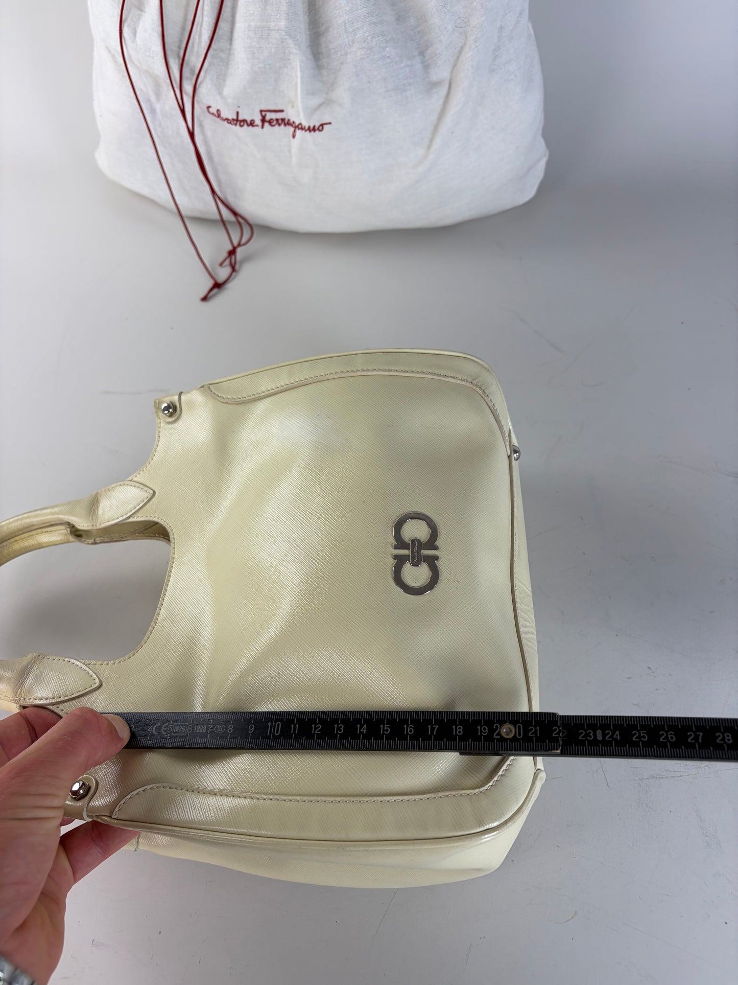 Vintage Ferragamo Saffiano Leather Tote Cream Silver