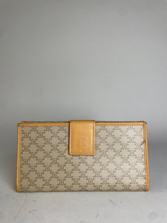 Vintage Celine Canvas Leather Trim Wallet Beige Orange Gold