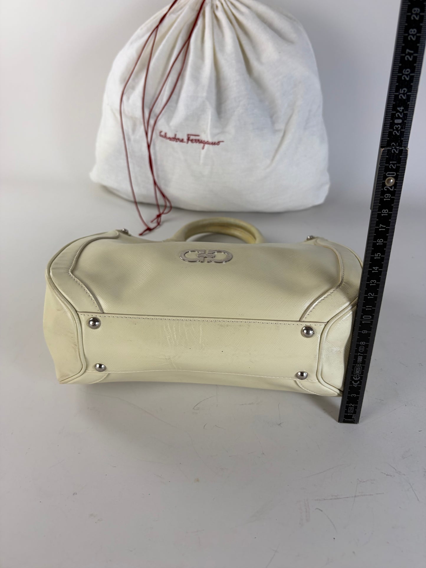 Vintage Ferragamo Saffiano Leather Tote Cream Silver