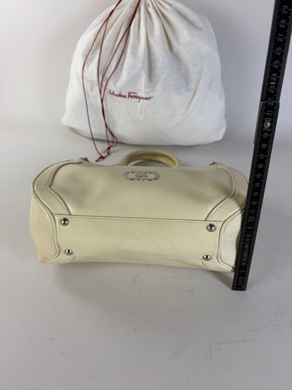 Vintage Ferragamo Saffiano Leather Tote Cream Silver