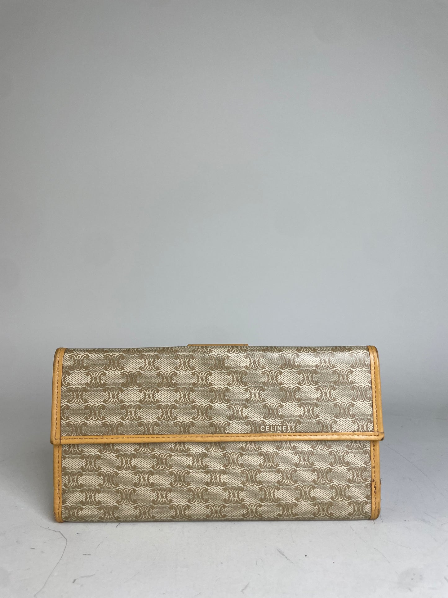 Vintage Celine Canvas Leather Trim Wallet Beige Orange Gold