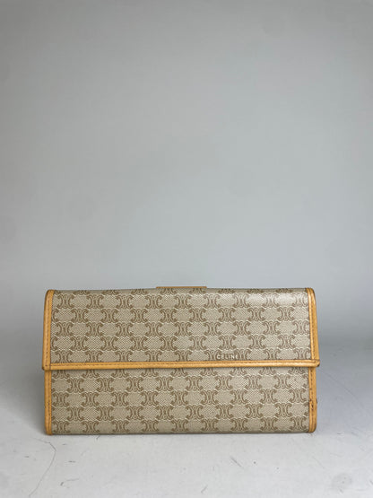 Vintage Celine Canvas Leather Trim Wallet Beige Orange Gold