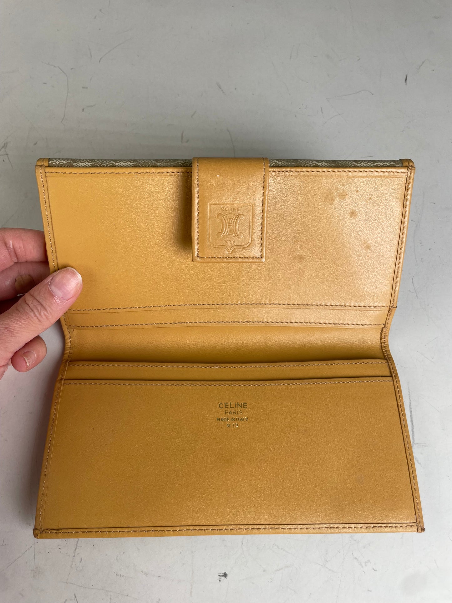 Vintage Celine Canvas Leather Trim Wallet Beige Orange Gold