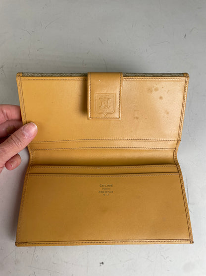 Vintage Celine Canvas Leather Trim Wallet Beige Orange Gold