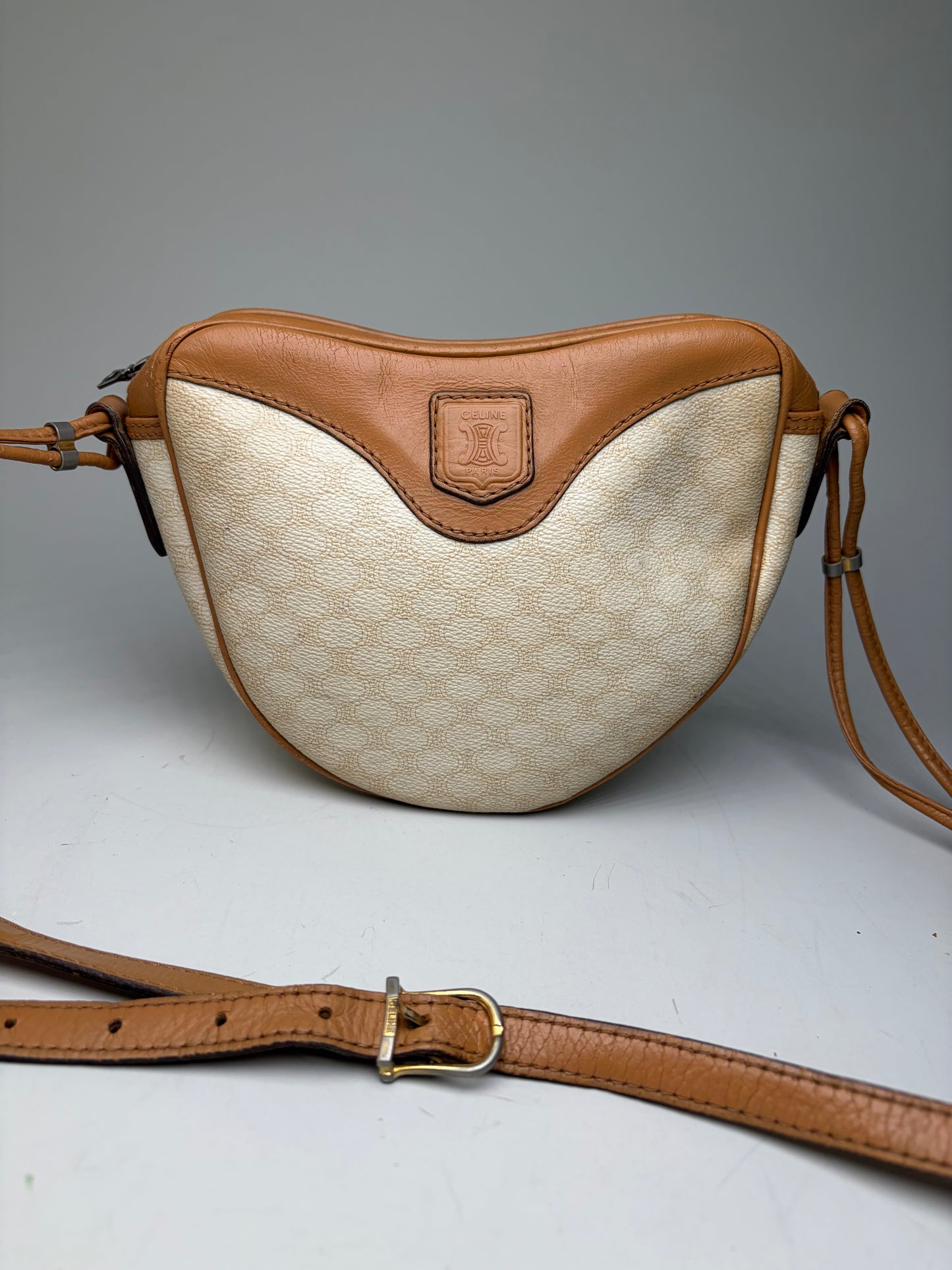 Vintage Celine Coated Canvas Shoulder Bag Cream Tan