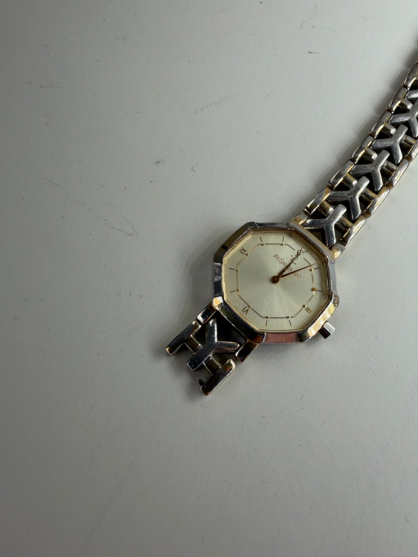 Vintage Yves Saint Laurent Octagonal Bracelet Watch Gold Silver