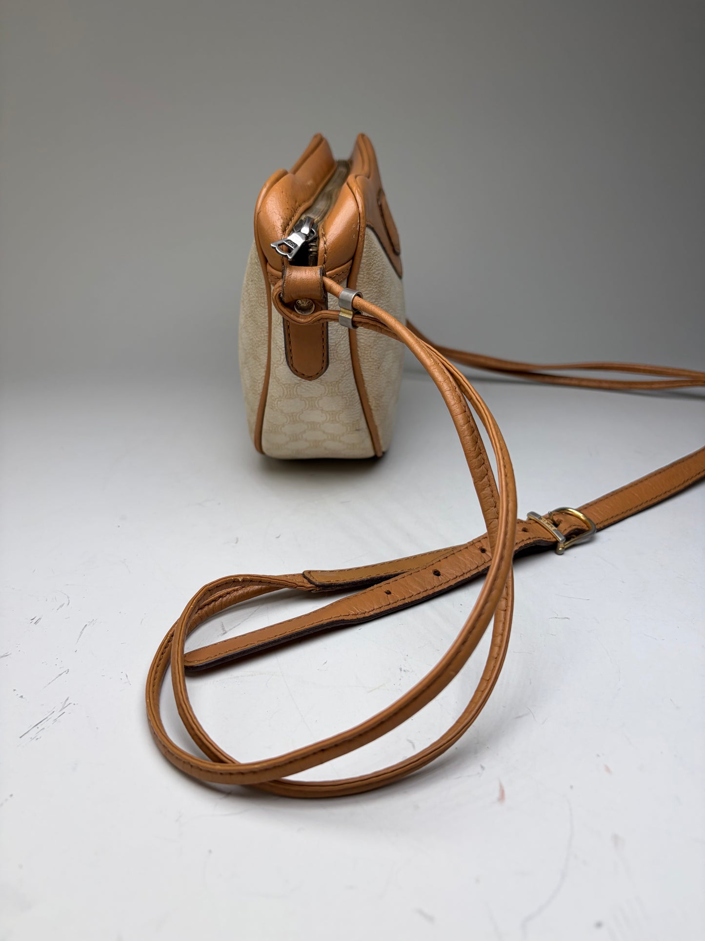 Vintage Celine Coated Canvas Shoulder Bag Cream Tan