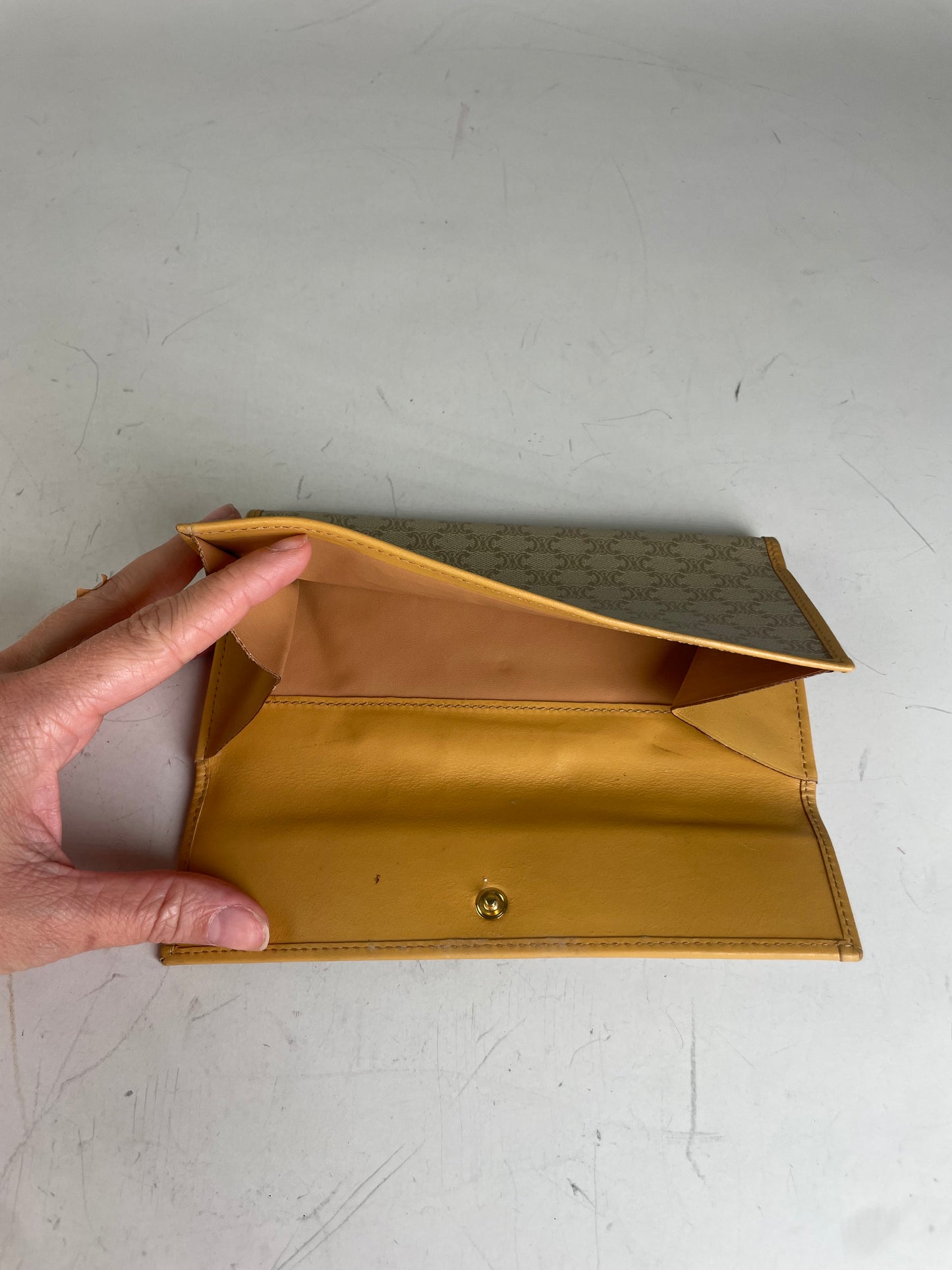Vintage Celine Canvas Leather Trim Wallet Beige Orange Gold