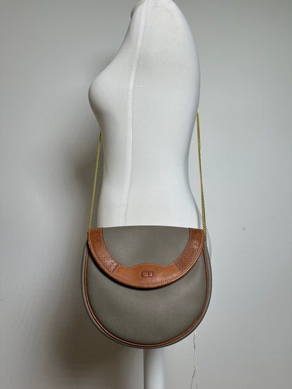 Vintage Dior Leather Canvas Shoulder Bag Grey Brown