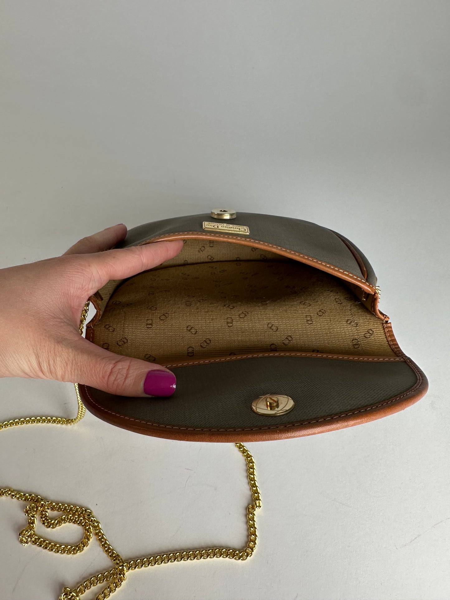 Vintage Dior Leather Canvas Shoulder Bag Grey Brown