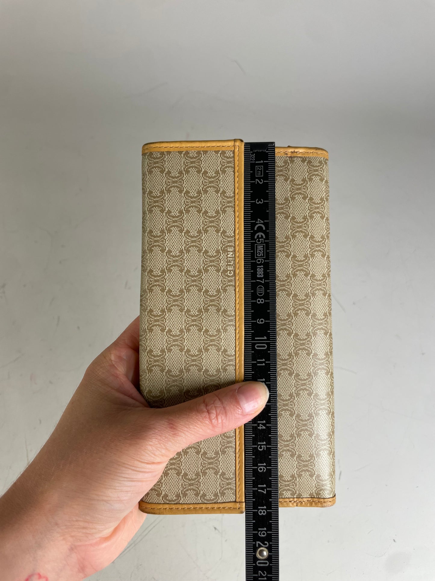Vintage Celine Canvas Leather Trim Wallet Beige Orange Gold