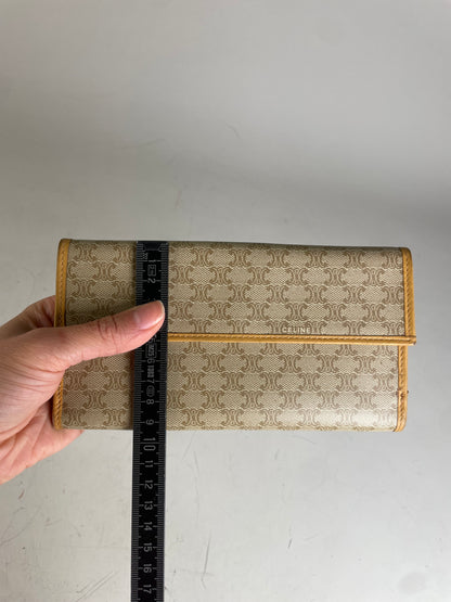 Vintage Celine Canvas Leather Trim Wallet Beige Orange Gold