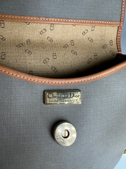 Vintage Dior Leather Canvas Shoulder Bag Grey Brown