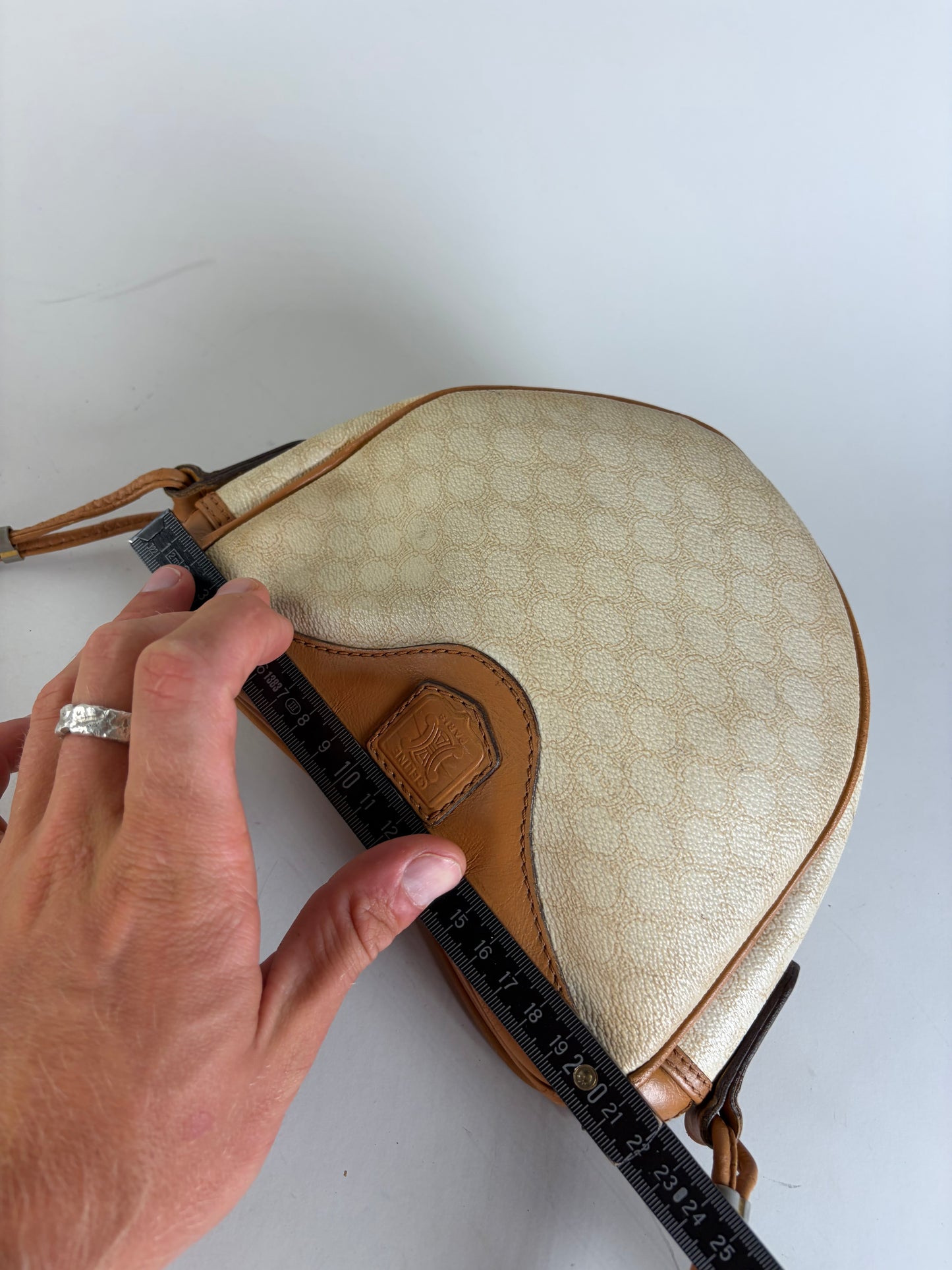 Vintage Celine Coated Canvas Shoulder Bag Cream Tan