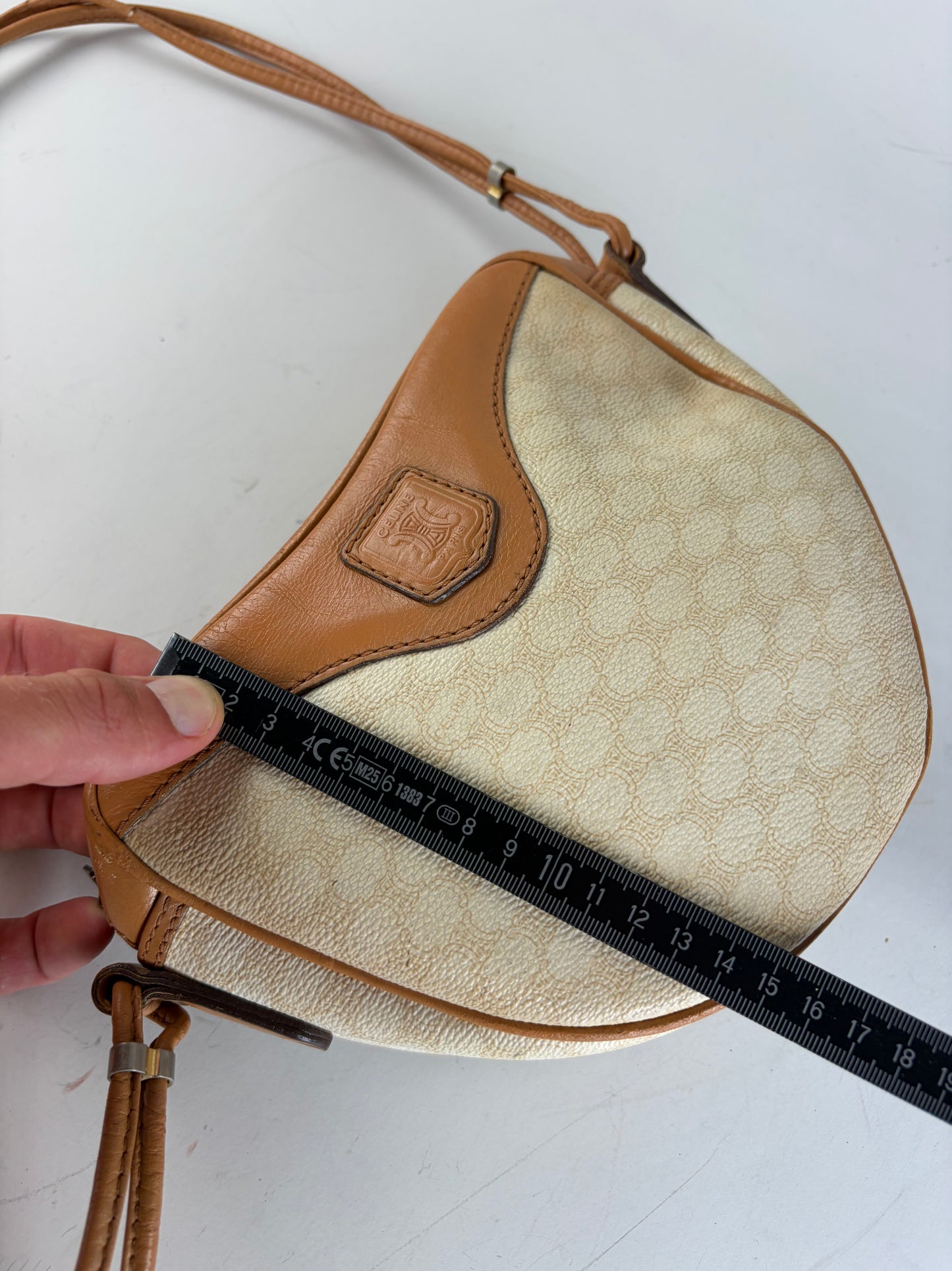 Vintage Celine Coated Canvas Shoulder Bag Cream Tan