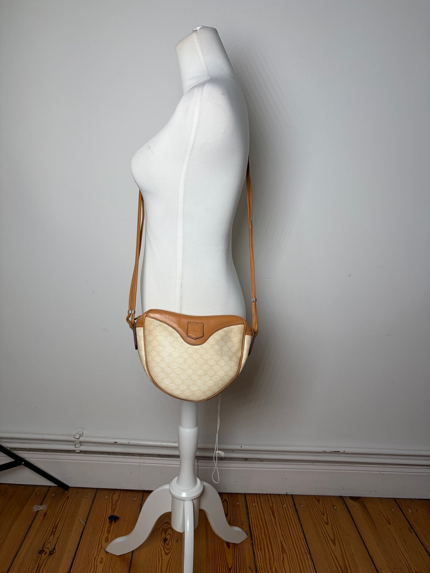 Vintage Celine Coated Canvas Shoulder Bag Cream Tan