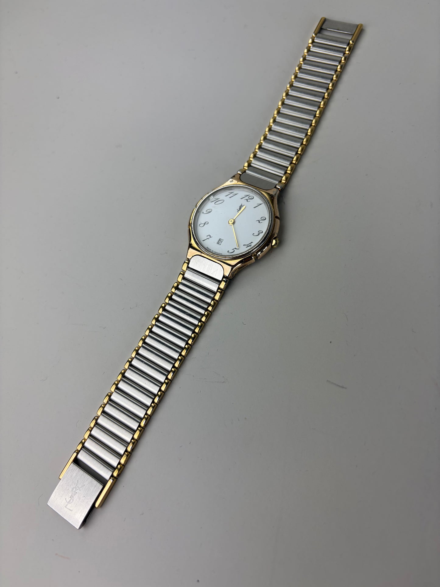 Vintage Yves Saint Laurent Bracelet Watch White Dial Gold Silver