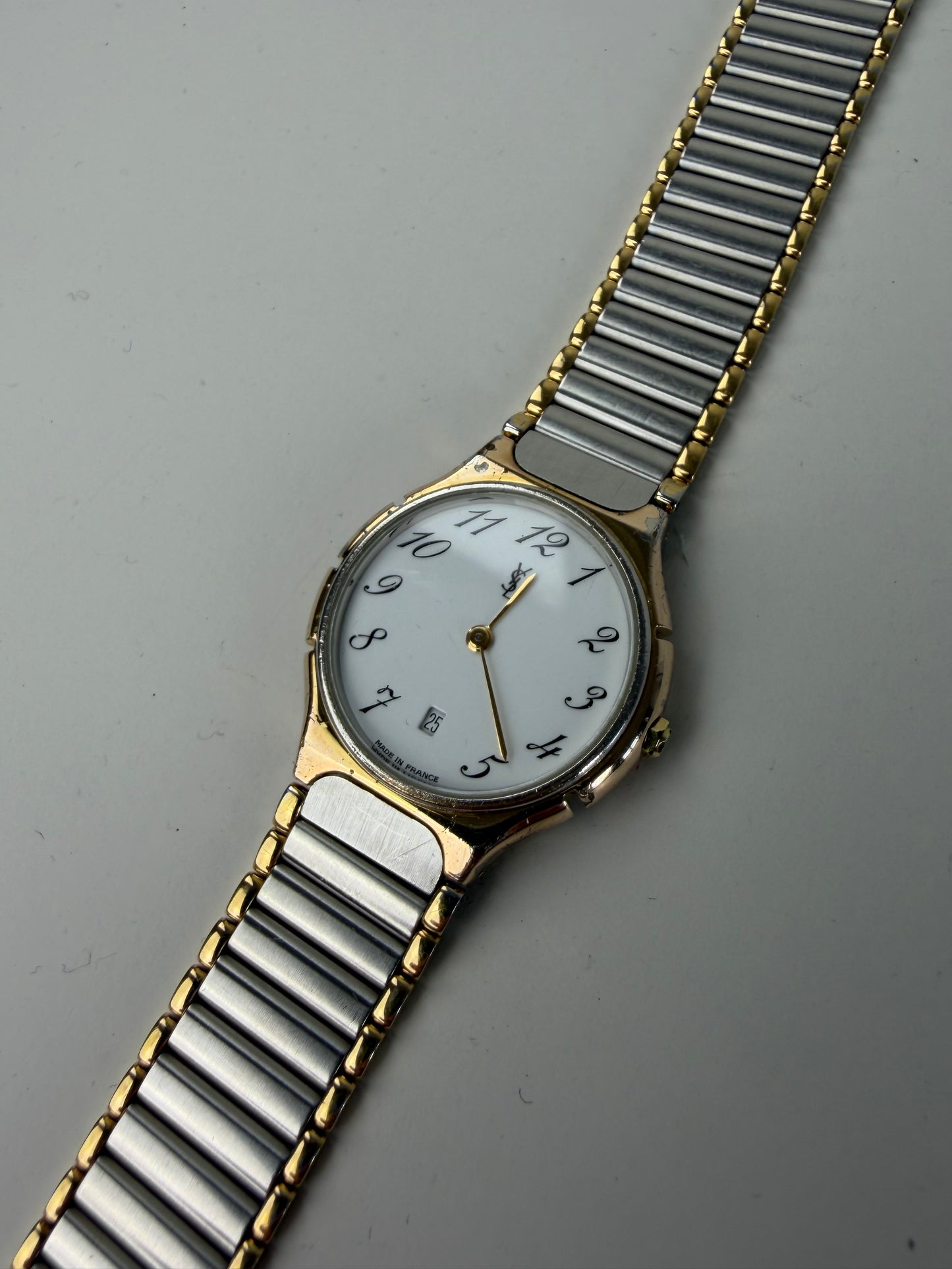 Vintage Yves Saint Laurent Bracelet Watch White Dial Gold Silver