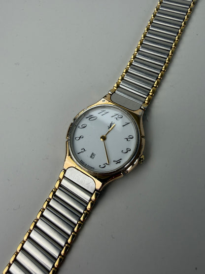 Vintage Yves Saint Laurent Bracelet Watch White Dial Gold Silver
