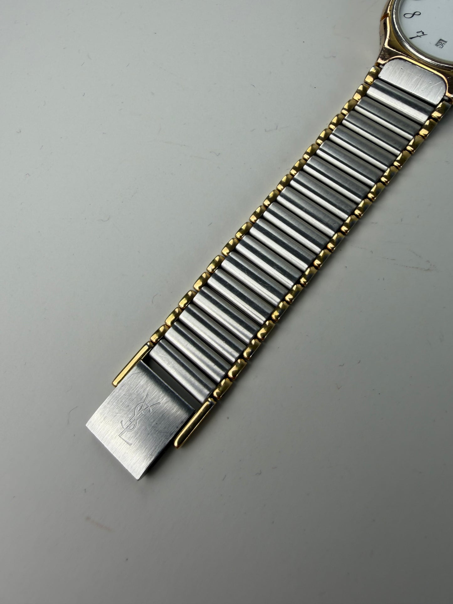 Vintage Yves Saint Laurent Bracelet Watch White Dial Gold Silver