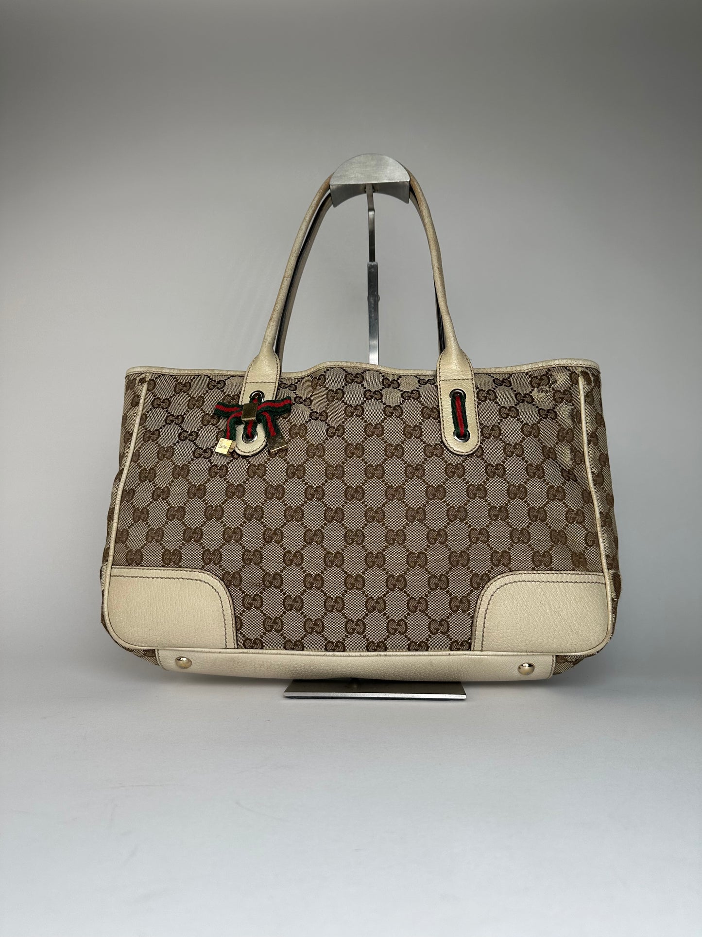 Vintage Gucci Monogram Canvas Leather Handbag Beige Brown