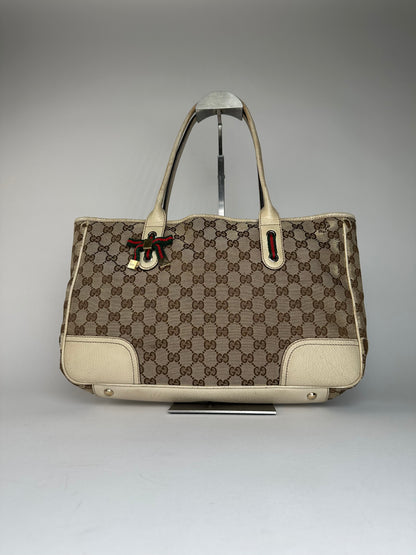Vintage Gucci Monogram Canvas Leather Handbag Beige Brown