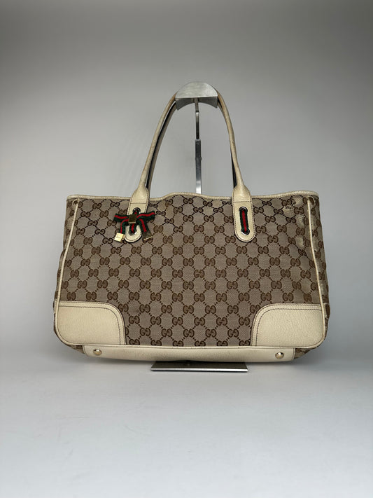 Vintage Gucci Monogram Canvas Leather Handbag Beige Brown