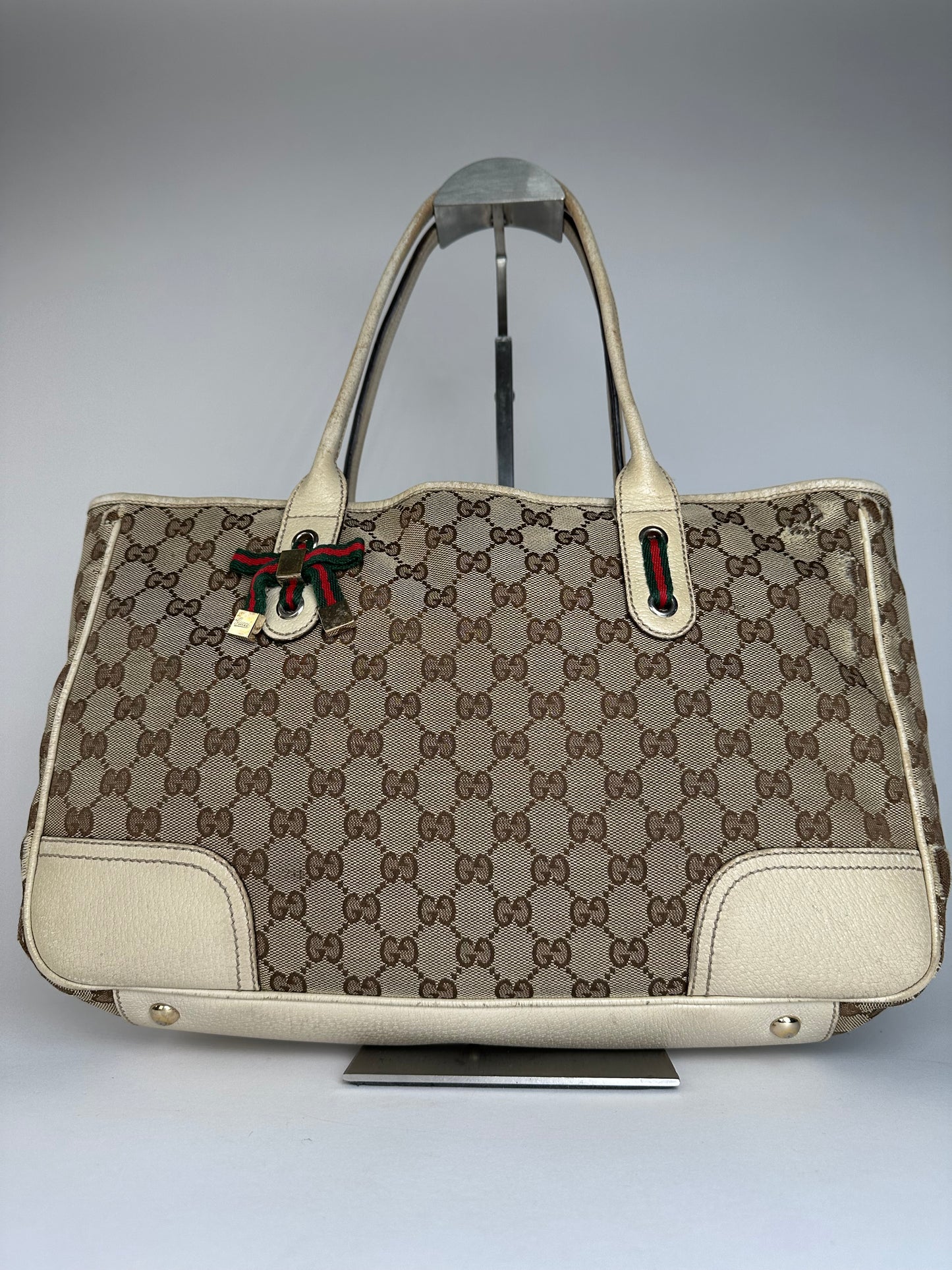 Vintage Gucci Monogram Canvas Leather Handbag Beige Brown
