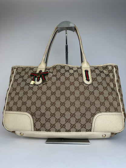 Vintage Gucci Monogram Canvas Leather Handbag Beige Brown