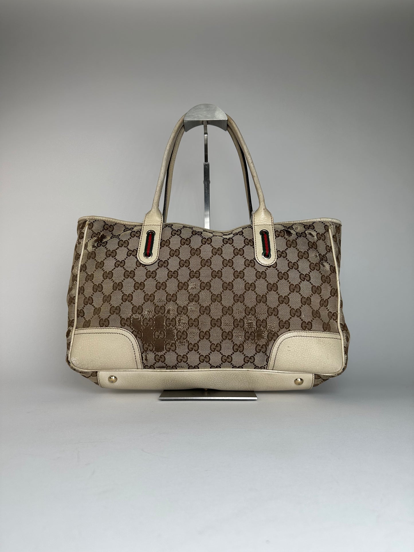 Vintage Gucci Monogram Canvas Leather Handbag Beige Brown