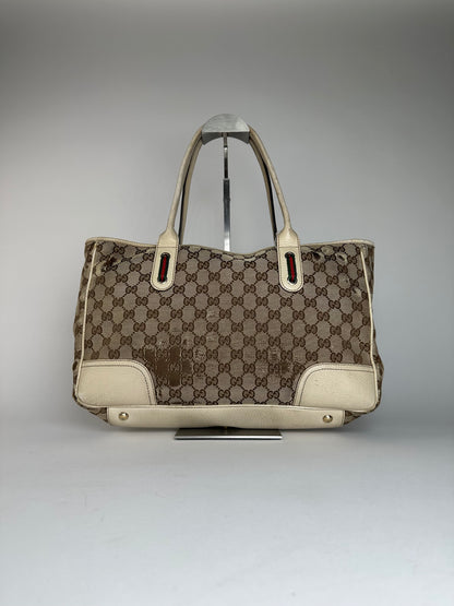 Vintage Gucci Monogram Canvas Leather Handbag Beige Brown