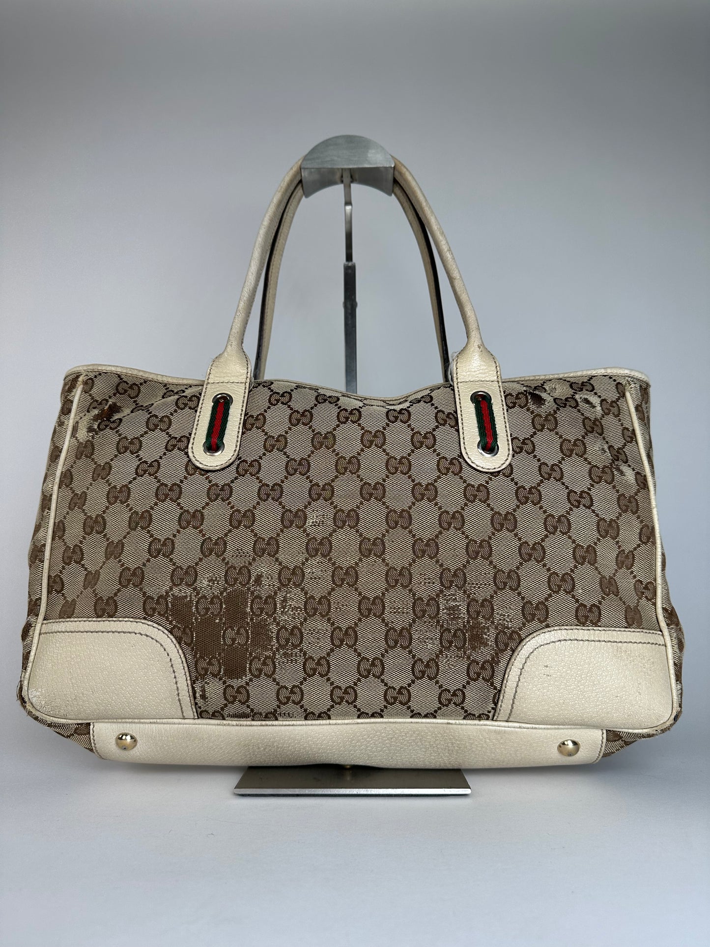 Vintage Gucci Monogram Canvas Leather Handbag Beige Brown