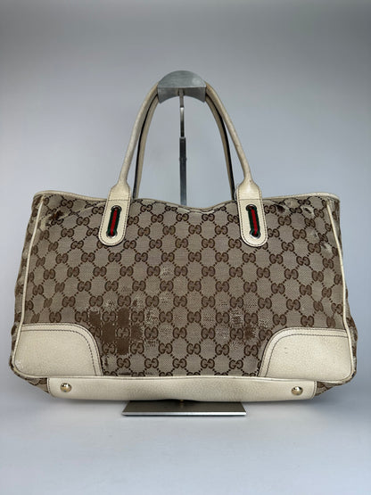 Vintage Gucci Monogram Canvas Leather Handbag Beige Brown