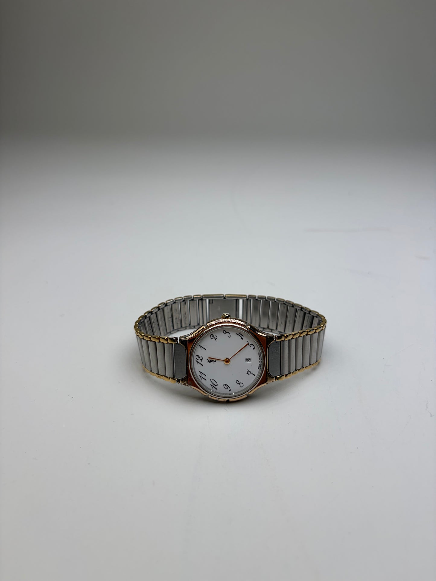 Vintage Yves Saint Laurent Bracelet Watch White Dial Gold Silver