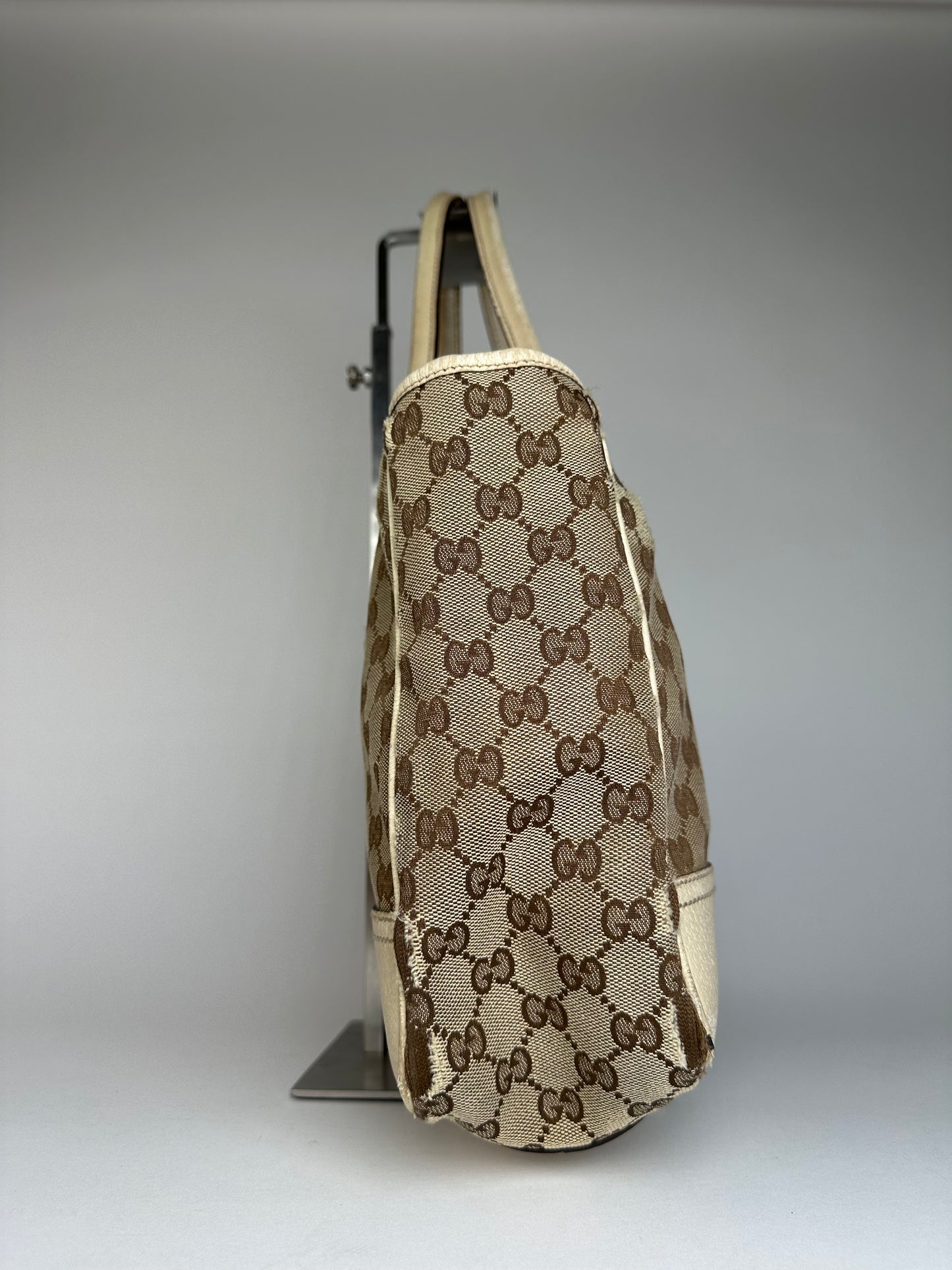 Vintage Gucci Monogram Canvas Leather Handbag Beige Brown