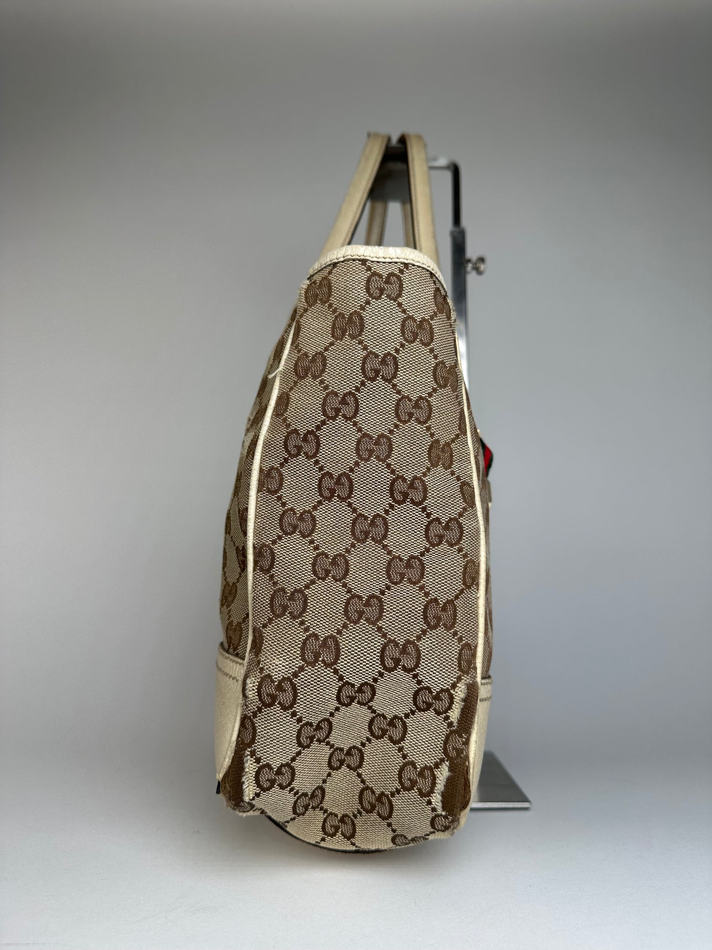Vintage Gucci Monogram Canvas Leather Handbag Beige Brown