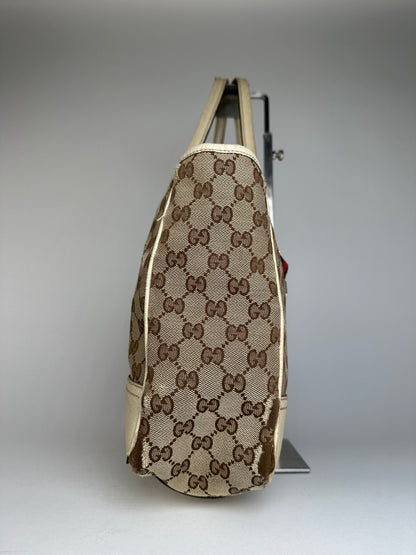 Vintage Gucci Monogram Canvas Leather Handbag Beige Brown