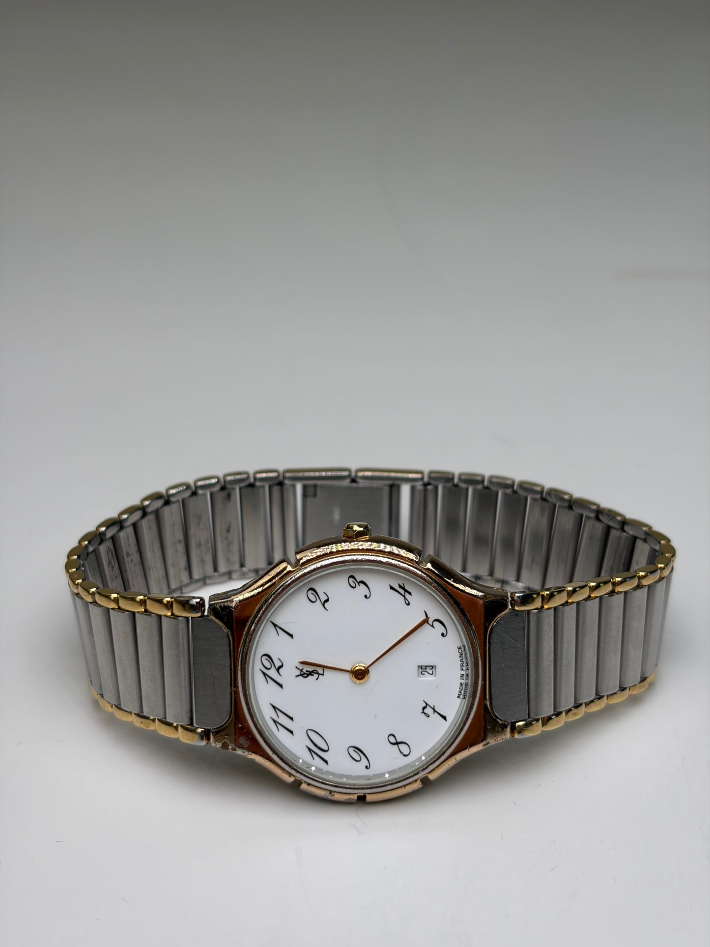 Vintage Yves Saint Laurent Bracelet Watch White Dial Gold Silver