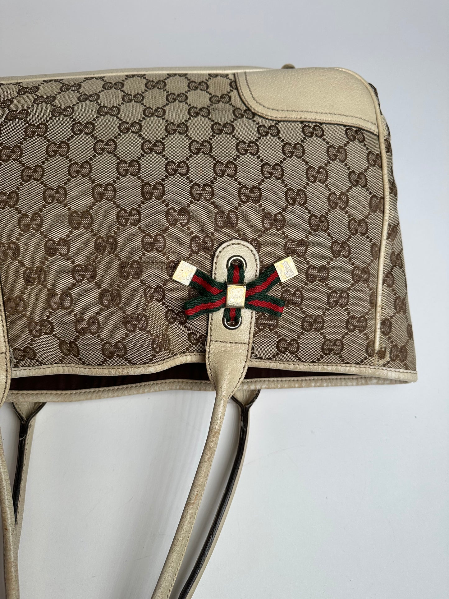 Vintage Gucci Monogram Canvas Leather Handbag Beige Brown