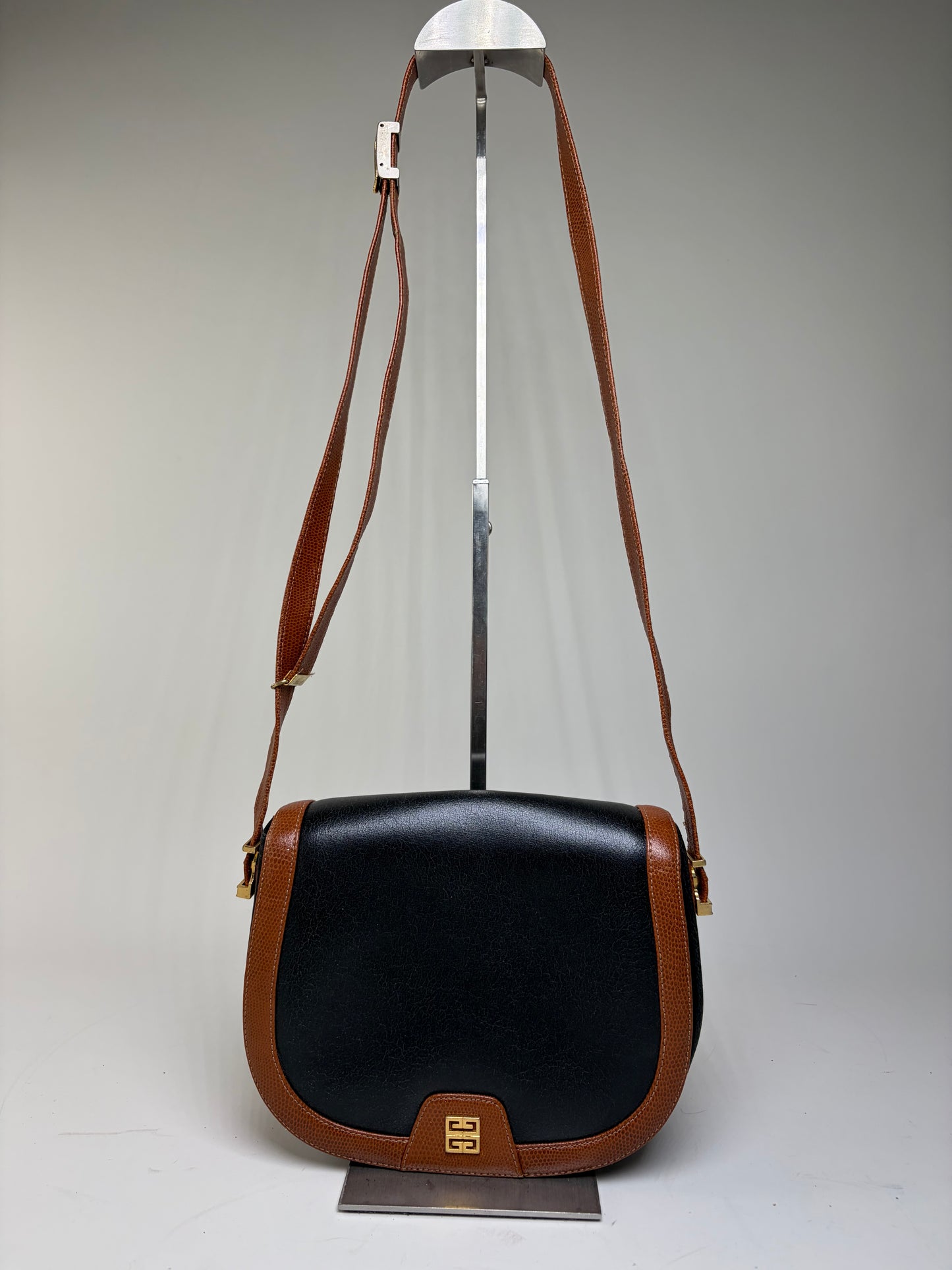 Vintage Givenchy Leather Flap Crossbody Bag Black Brown