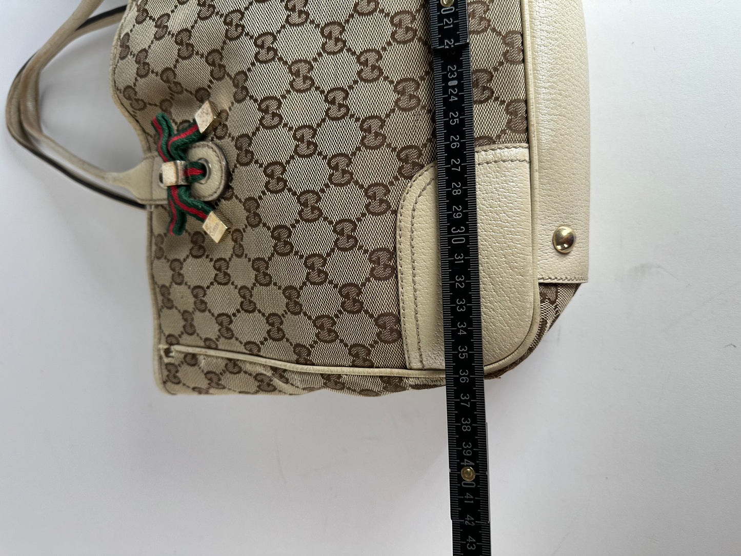 Vintage Gucci Monogram Canvas Leather Handbag Beige Brown